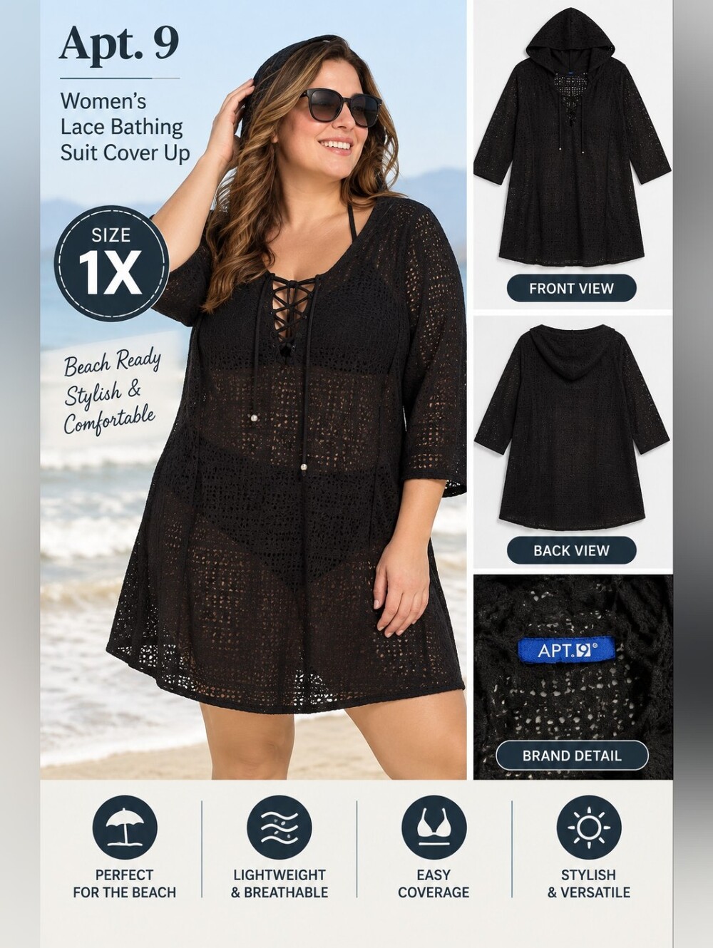 Apt 9 women's 1X black lace bathing suit cover up #07